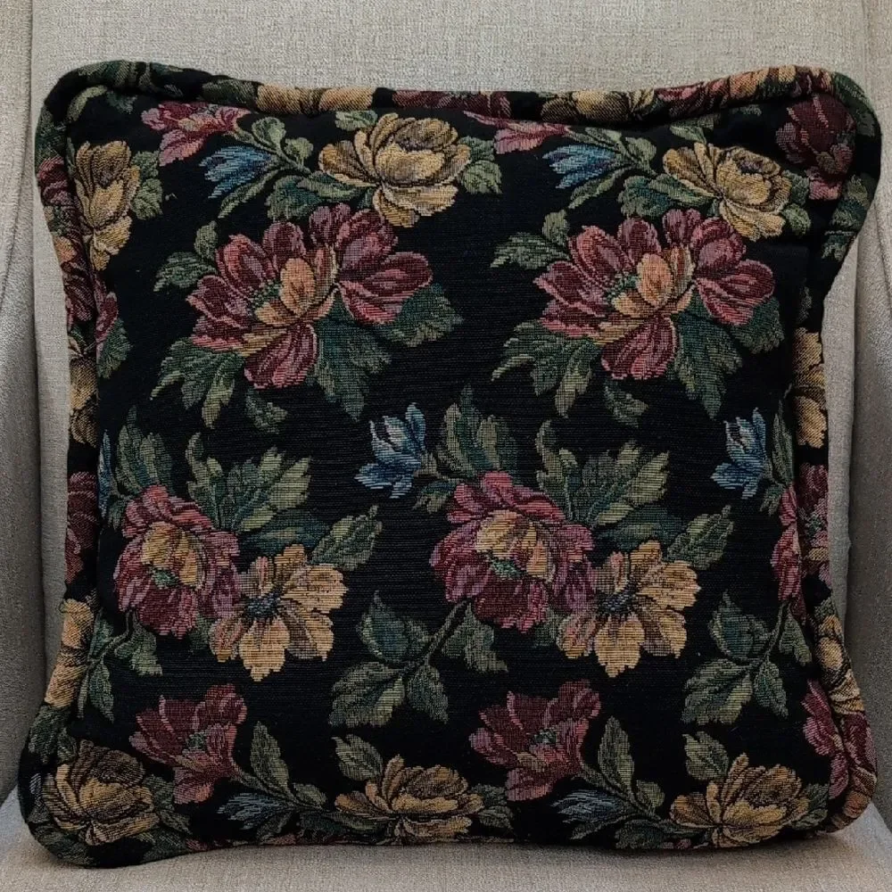 Vintage Black Velvet Floral Embroidered Throw Accent Pillow Floral Tapestry Back